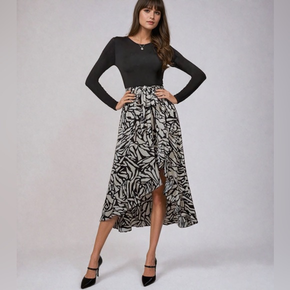 Black/Cream Asymmetrical Ruffle Hem Belted Dress - Picture 1 of 8